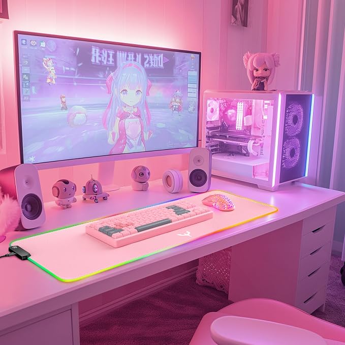 BladeHawks RGB Gaming Mouse Pad Extra Large Extended 31.5x12 Inch-Pink | LED mouse pad with 14 lighting modes, covers keyboard & mouse, anti-slip rubber base, waterproof surface, USB powered