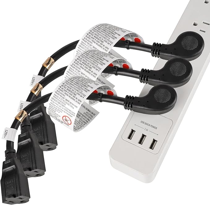 VSEER 1Feet 1625W 13A UL SJT 16AWG Flat Plug Heavy Duty Extension Cord Outlet Saver 3-Prong Grounded Short 90 Degree Angle Adapter Power Extension Cord,UL Listed (Black, 1 Pack)