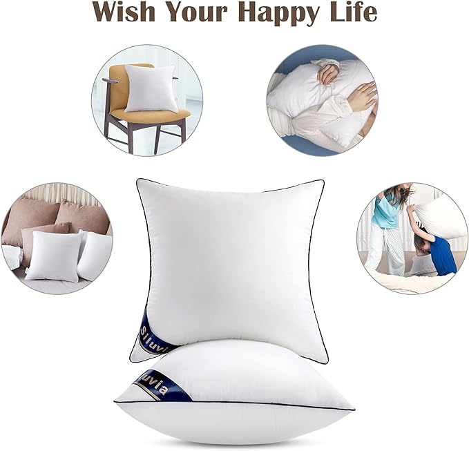 Siluvia 22"x22" Pillow Insert Set of 2 Square Throw 22 Pillows with 100% Cotton Cover for Sofa, Couch, and Bed - White | 100% Premium Polyester Fill, Fluffy & Soft with Comfy Support - White Decorative Cushion Inserts for Couch, Sofa & Bed