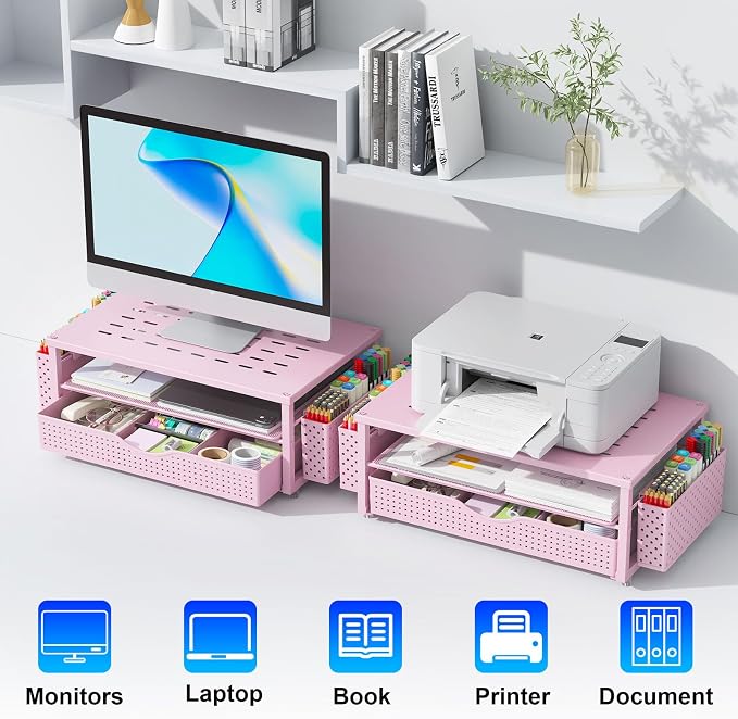 gianotter Desk Organizers and Accessories, Monitor Stand with Drawer and 2 Pen Holder, Desktop Organizer Suitable for Offices and Dormitories (Pink)