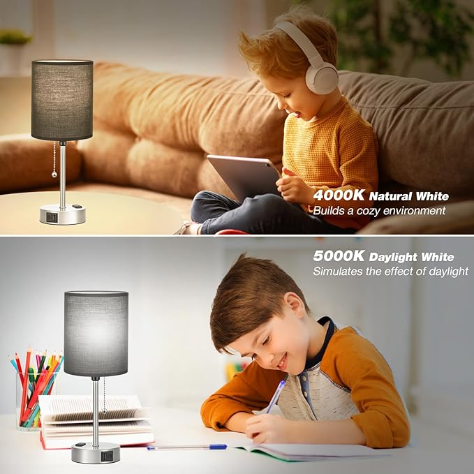 Black Table Lamp for Bedroom Nightstand - 3 Color Temperature Bedside Lamp with USB C and A Ports, Pull Chain Lamp for Bedroom with AC Outlet, Small Lamps Silver Metal Base for Kids Boys/Dorm Room