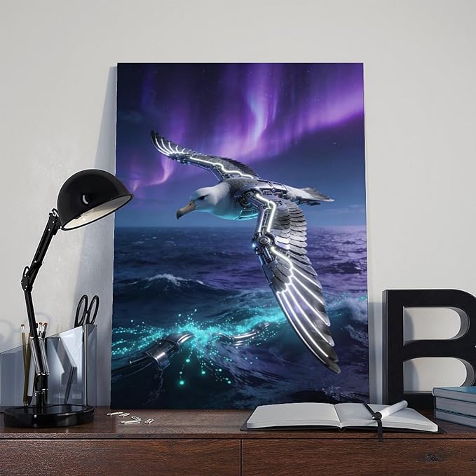Framed Steampunk Mechanical Seagull Wall Art - Aurora Ocean Retro Poster for Bedroom Game Room Decor 16x24inch(40x60cm)