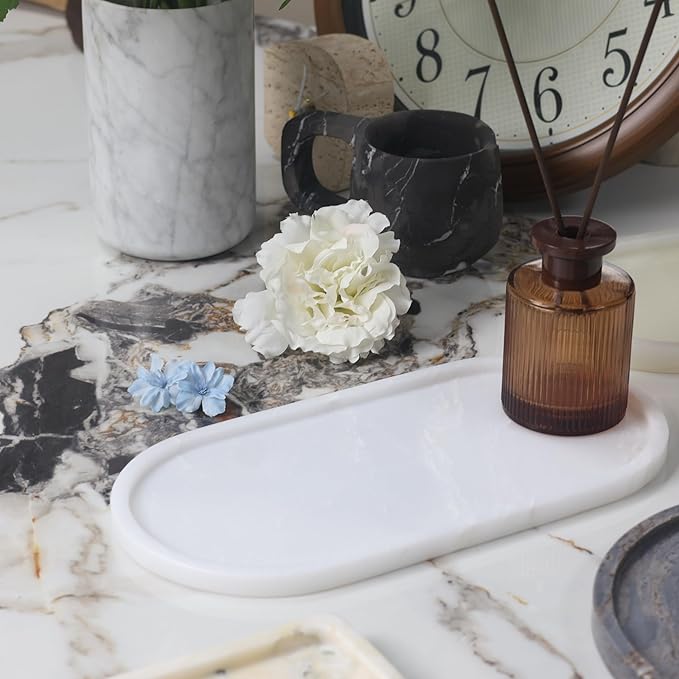 Marble Vanity Tray Organizer - 9.8"x5" Italy Natural Stone Decorative Tray,Jewelry, Perfume & Candle Display Tray,Bathroom Vanity, Dresser Top, Nightstand Decor
