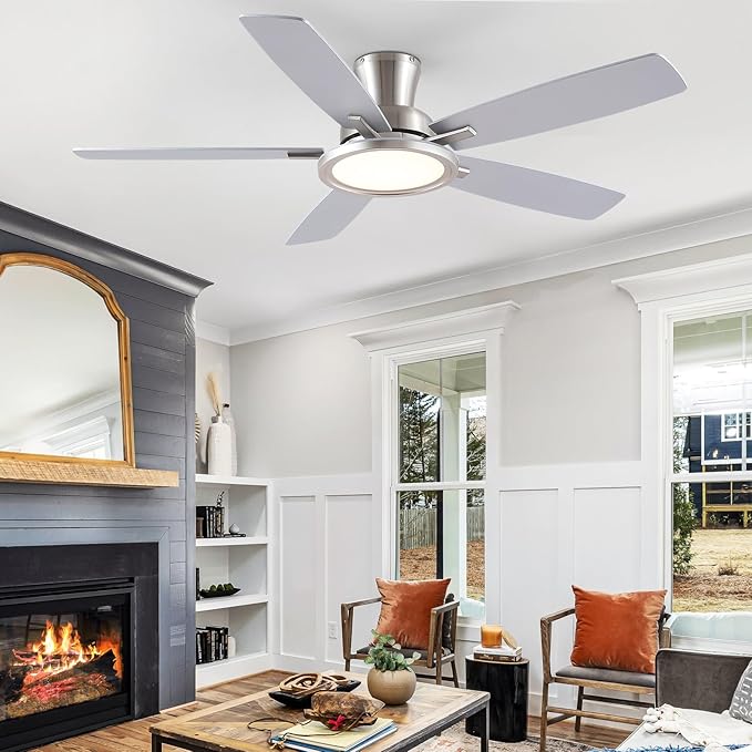 52“ Ceiling Fan with Lights and Remote/APP - Flush Mount Low Profile Ceiling Fan Light with 3CCT Dimmable, 6 Speeds Reversible, Modern Fan Light Fixture for Indoor, Covered Patios, Nickel