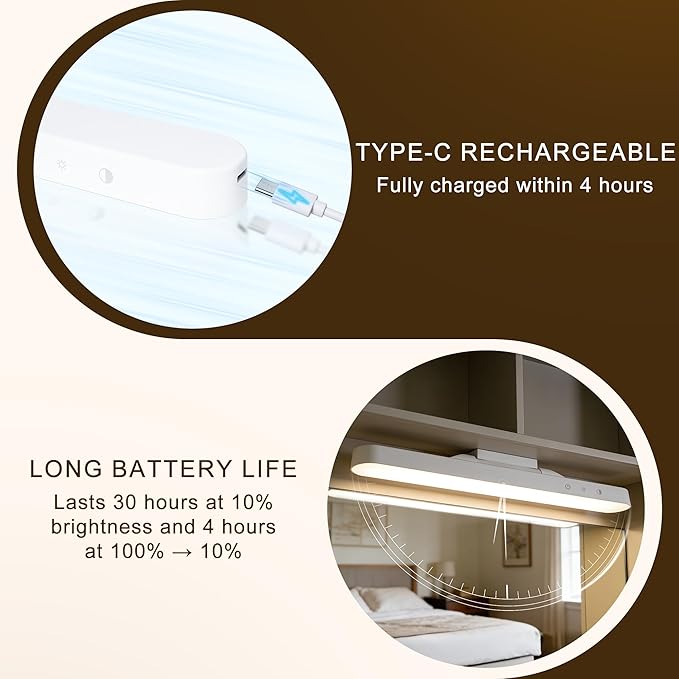 4W Dimmable Mirror Lights, Magnetic Rechargeable LED Light Bar, Wireless Stick on Closet Lights for Kitchen, Pantry, Wardrobe, Vanity Mirror,Gun Safe, Modern Battery Powered Night Light(2pcs)