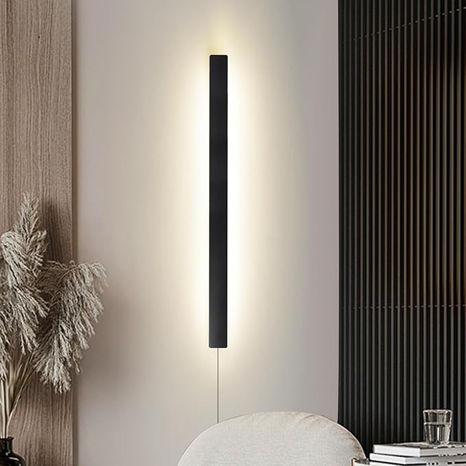 Modern Plug in Wall Sconces, 23.6 inch Frosted Black LED Long Wall Lights, 12W Warm White 3000K Acrylic Indoor Wall lamp,with 59" Plug Cable for Bedroom, Living Room, Bathroom Makeup, Hallway