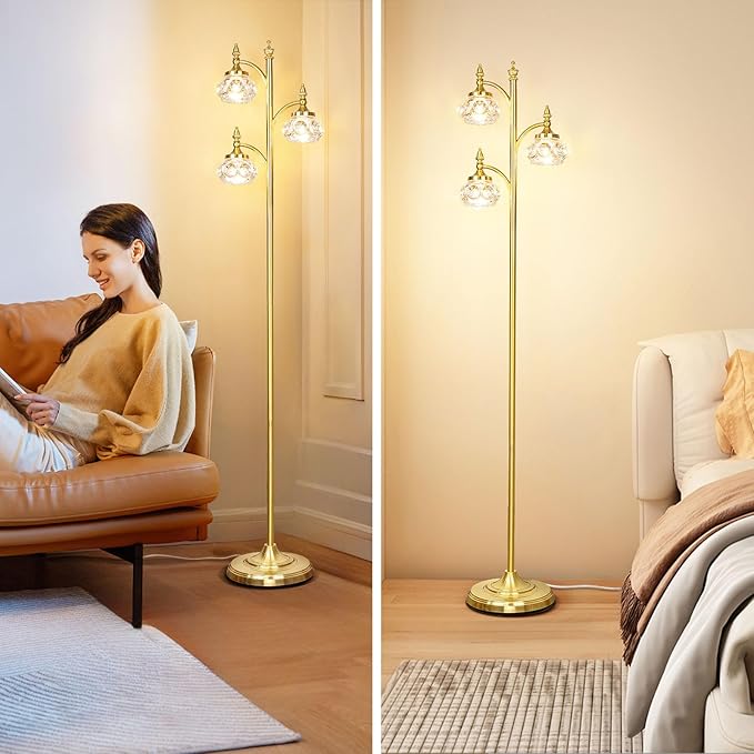 Gold Floor Lamp, Dimmable Tree Floor Lamps for Living Room Brass Tall Standing Lamp with 3 Rotatable Lights Glass Shade 66.5'' Modern Corner Lamp for Bedroom Office(3LED Bulbs Included)