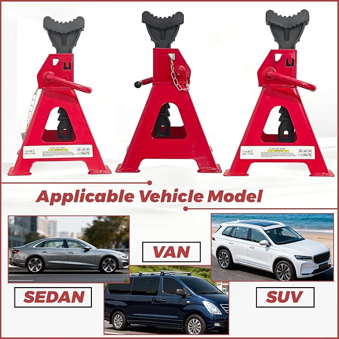 HENBOW Jack Stands,3 Ton Jack Stands with Solid Wheel Chocks,6600lbs Capacity,11"-16.33" Adjustable Car Lift Stands with Double Pin Locking,Black,1 Pair,Red