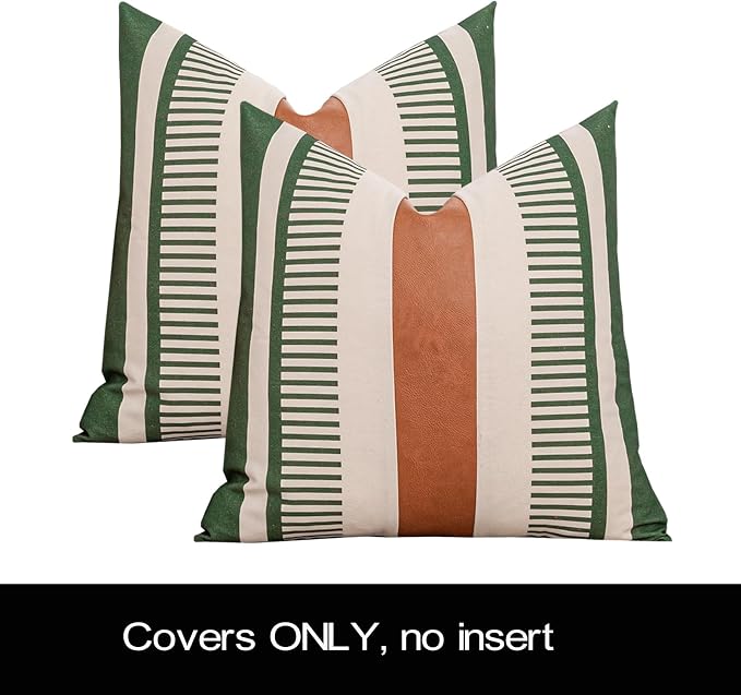 Decorative Farmhouse Throw Pillow Covers 18x18 Accent Faux Leather Pillowcase Rustic Boho Decor,Olive Green and Beige (Cover ONLY, Pack of 2)