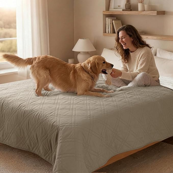 100% Waterproof Dog Couch Protector, Triple-Layer Waterproof Dog Bed Cover Pet Blanket Reversible 2-Tone Sofa Shield, Non-Slip Furniture Guard for Pets(42×50 Inch, Khaki+Off White)