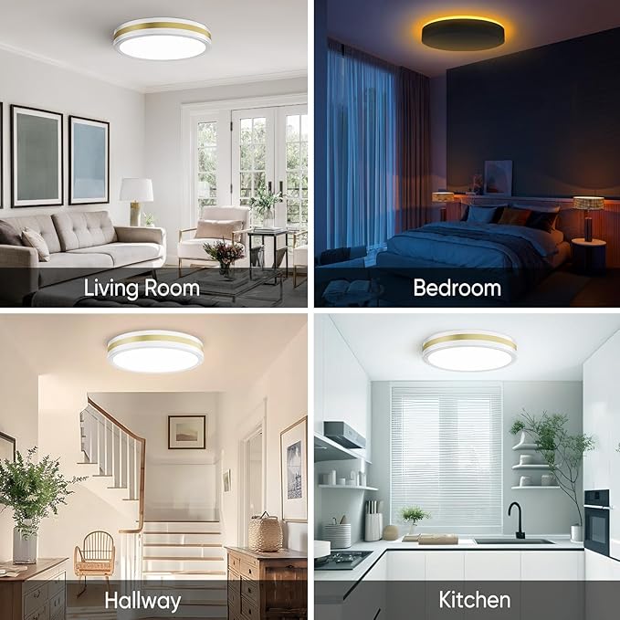 15 Inch Flush Mount Modern White Gold LED Ceiling Light with Night Light, 5CCT 35W 3500LM 2700K-6500K Adjustable, Dimmable Light Fixture for Bedroom Hallway, ETL