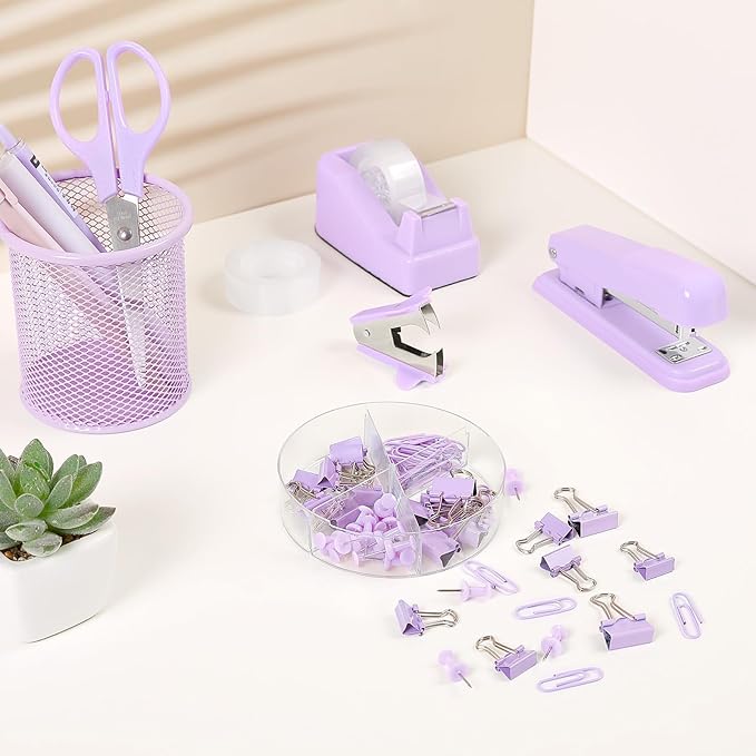 SKYDUE Purple Desk Accessories, Purple Office Supplies Set, Stapler, Tape Dispenser, Scissors, Binder/Paper Clips and 1000pcs Staples,Office Supplies for Women