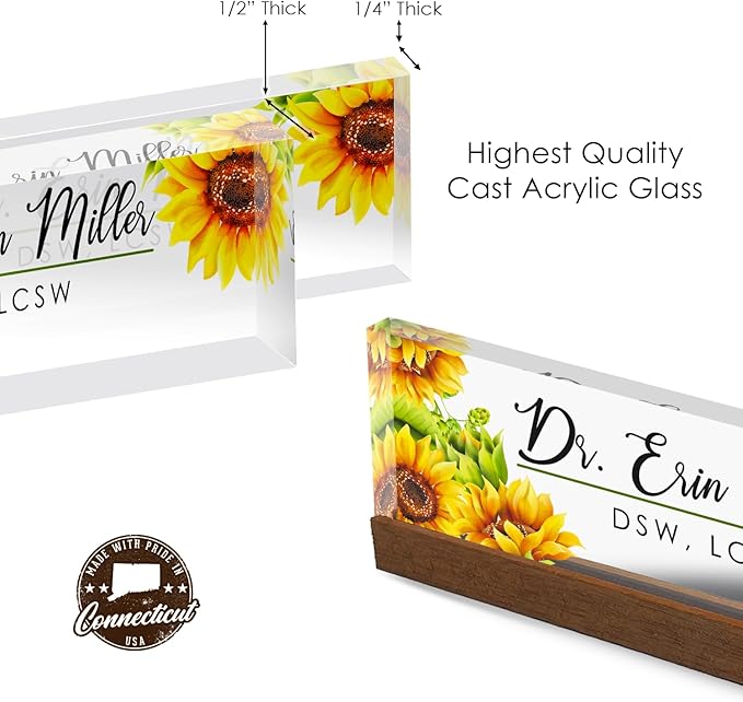 Artblox Personalized Office Desk Name Plate and Business Card Holder | Clear Acrylic Glass with Teak Wood Stand | Sunflowers Design Customized with Your Name and Credentials Office Desk Decor