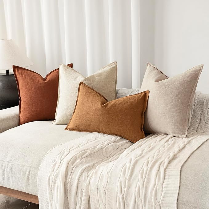Foindtower Pack of 2, Decorative Linen Solid Throw Pillow Covers Soft Accent Cushion Case Farmhouse Neutral Pillowcase for Chair Couch Sofa Bedroom Living Room Home Decor 26 x 26 Inch Fall Rust Orange