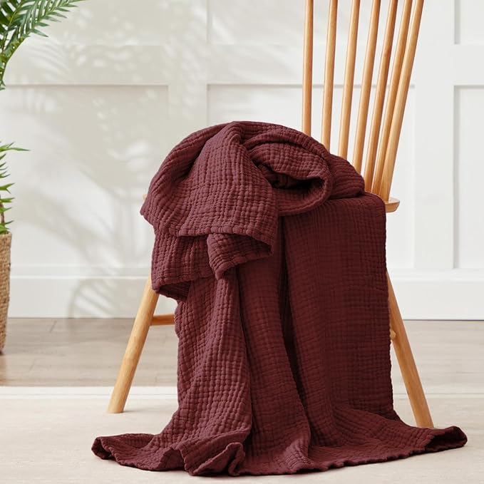 100% Cotton Muslin Blanket 50"x 60", 6 Layers Breathable and Lightweight Cotton Throw Blankets for Couch, Soft Cooling Summer Gauze Blanket for Adults All Season, Burgundy