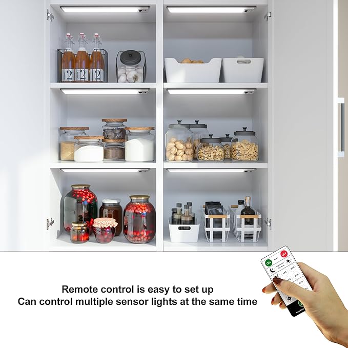 HL Under Cabinet Lights, 32 LED Rechargeable Battery Operated Motion Sensor Light Indoor Wireless, Magnetic with Remote Dimmable Under Counter Lights for Kitchen Stairs Hallway White 2Pack