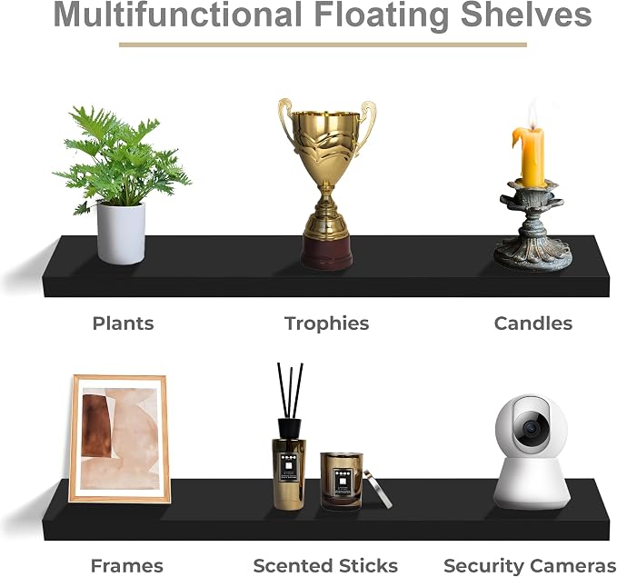 Sorbus Floating Shelves for Wall - 48 Inch Long Bathroom Shelves, Wall Decor for Bedroom, Kitchen, Living Room & Book Storage - Mounted Floating Shelf with Invisible Brackets (Black, 3 Pack)