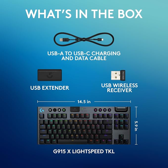 Logitech G915 X Lightspeed TKL Wireless Gaming Keyboard (Clicky) - Black | Low Profile, Mechanical Switches, Double-Shot PBT Keycaps, RGB lighting, Aluminum finish, PC/Mac Compatible