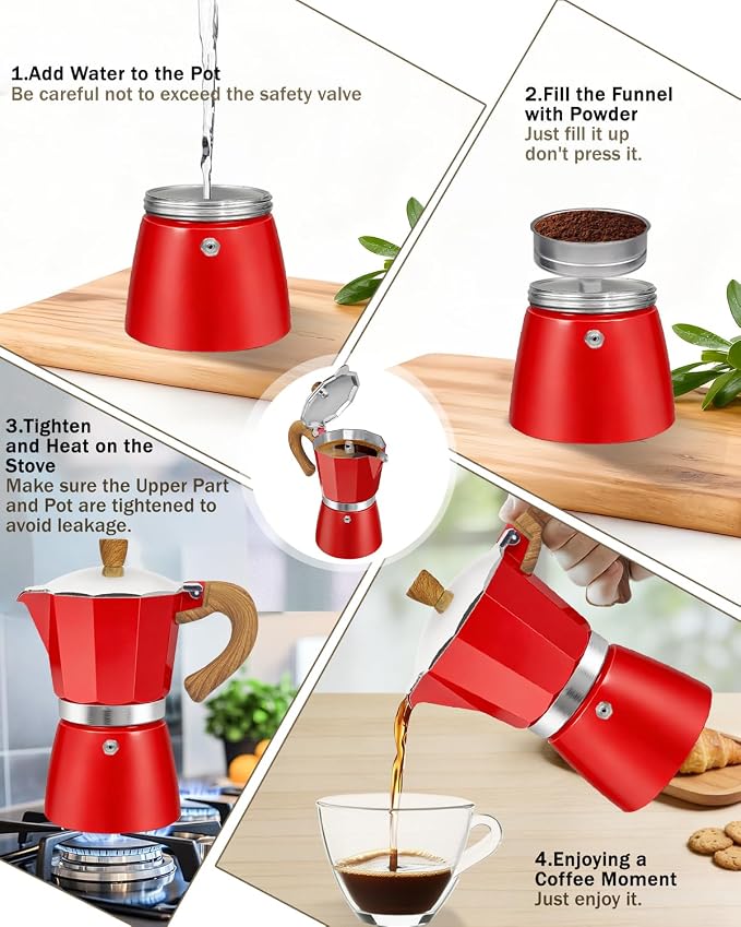 Coffee Maker Stovetop Espresso Maker 6 Cup Aluminum Moka Pot Percolator 10oz 300ml Easy Brewing for Electric Ceramic Stoves Home Camping Italian Cuban Café Classic Red