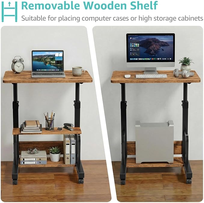 WINAZ C Shaped Rolling Laptop Desk - 24" Rustic Brown Mobile Desk with Wheels for Small Spaces, Height Adjustable Overbed Table with 2-Tier Storage Shelves