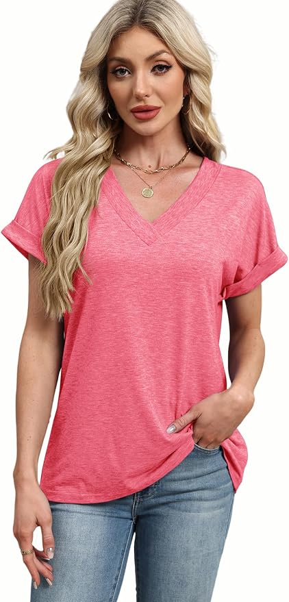 T Shirts Short Sleeve V Neck Tees Womens Tops Beach Vacation Fashion Clothes 2026 Casual Summer Spring Fall Outfits