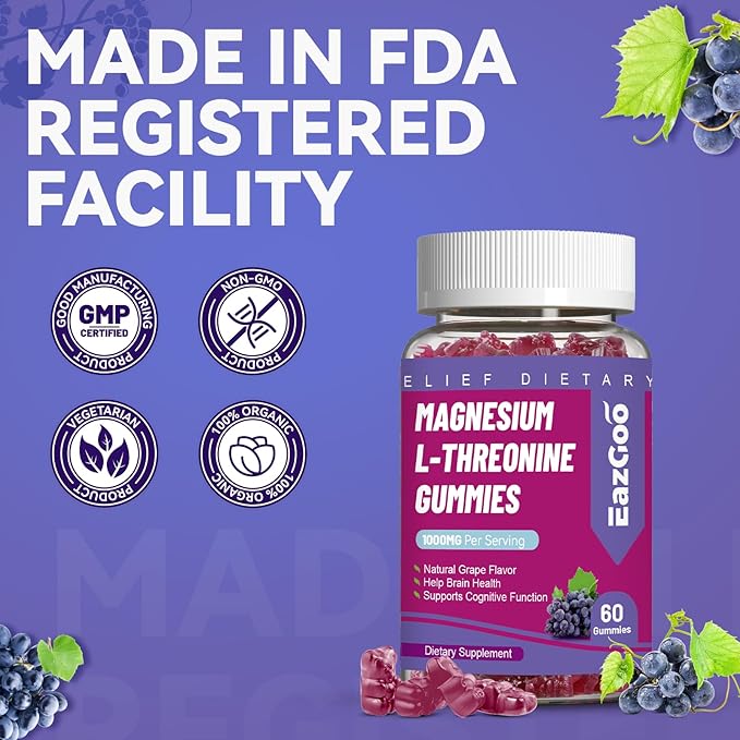 Magnesium Threonine Gummies 1000mg, L-Threonine Gummies for Adults, Best Magnesium Supplements for Brain, Non-GMO, Gluten Free, Vegan, 120 Grape Magnesium Gummies