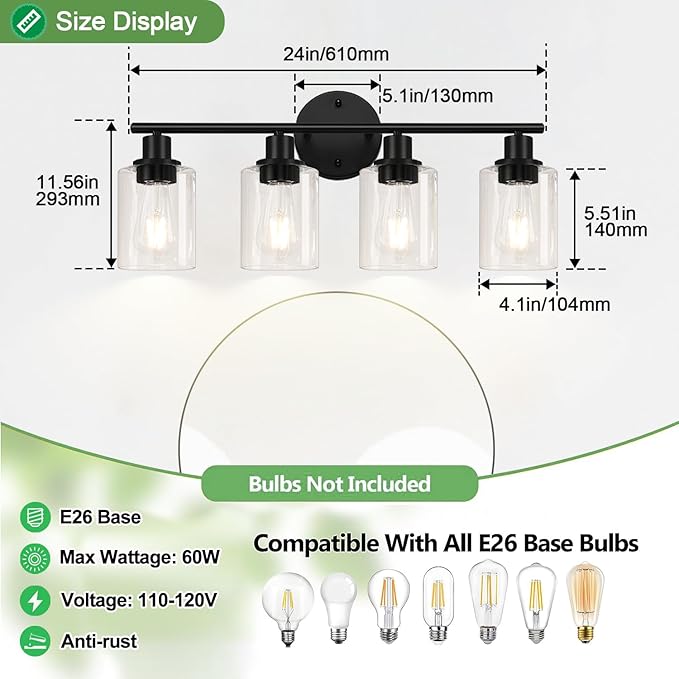 4-Light Bathroom Light Fixtures, Matte Black Modern Vanity Lights Over Mirror with Clear Glass Shade, Bathroom Wall Lamp for Mirror Kitchen Living Room Hallway Cabinet Porch Bedroom Reading room