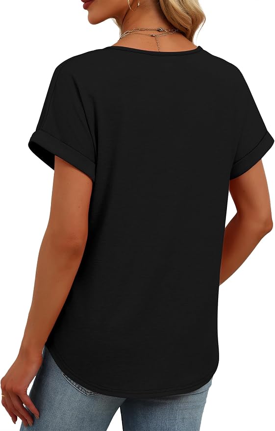Womens Tops Dressy Casual V Neck Rolled Sleeve T Shirts Fashion Clothing Business Casual Outfits Beach Vacation Clothes