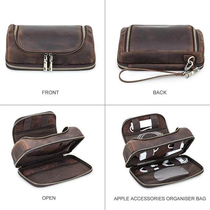 Hiram Handmade Crazy Horse Leather Electronic Organizer Travel Case Charger Organizer Travel Case Coffee