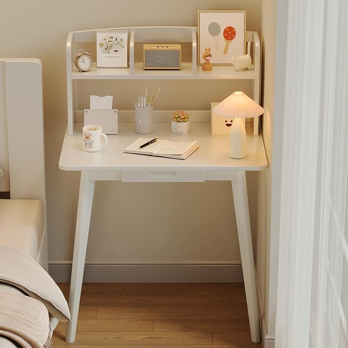 IOTXY Small Writing Desk with Hutch - 31.5" Work Computer Study Table | White , Storage Drawer, Space-saving for Home and Office, with Bookshelves