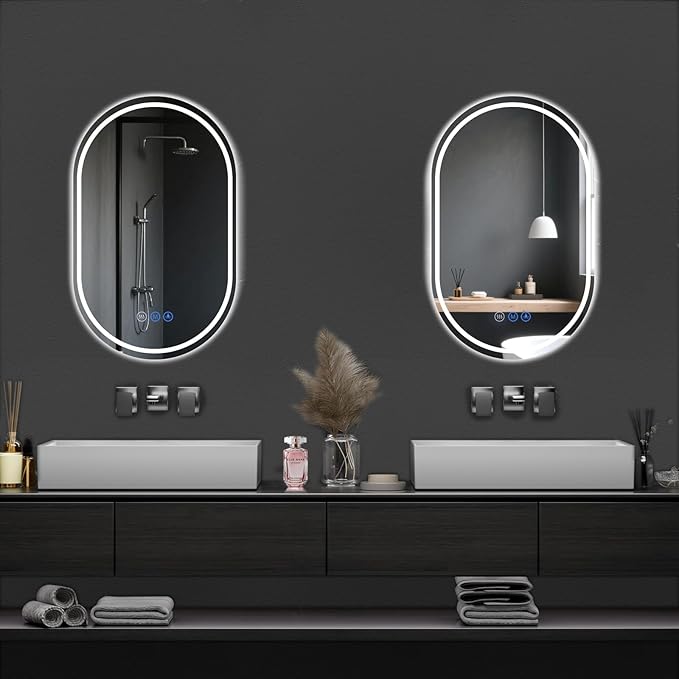 Oval LED Bathroom Mirror, 22"x 36" Frameless LED Mirror with Front Light and Backlit, Anti-Fog, Dimmable Modern Wall Mounted Lighted Mirror,Pill-Shaped Smart Mirror Bathroom