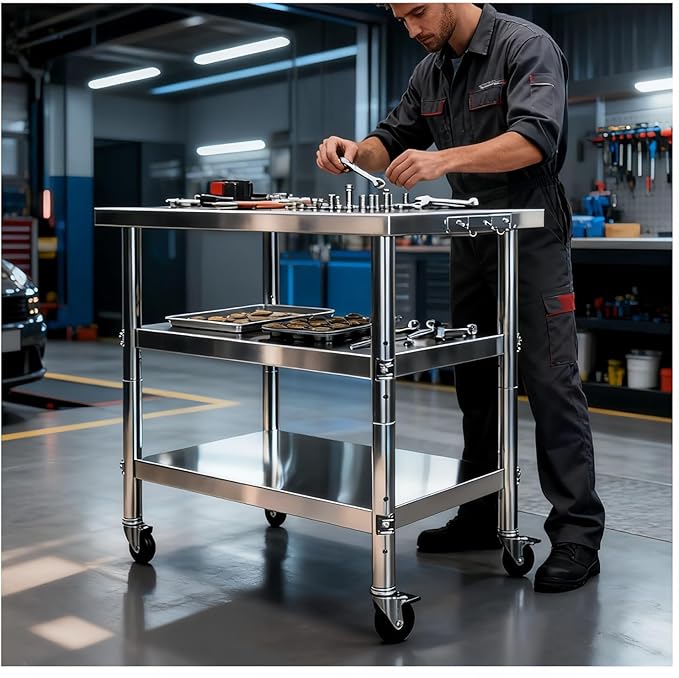 Stainless Steel Table with Wheels for Food Preparation and Work, Multi-Size Optional, Three-Layer Variable Two-Layer Metal Commercial Workbench Outdoor, Restaurant, Kitchen (51" Lx24 Wx34 H)