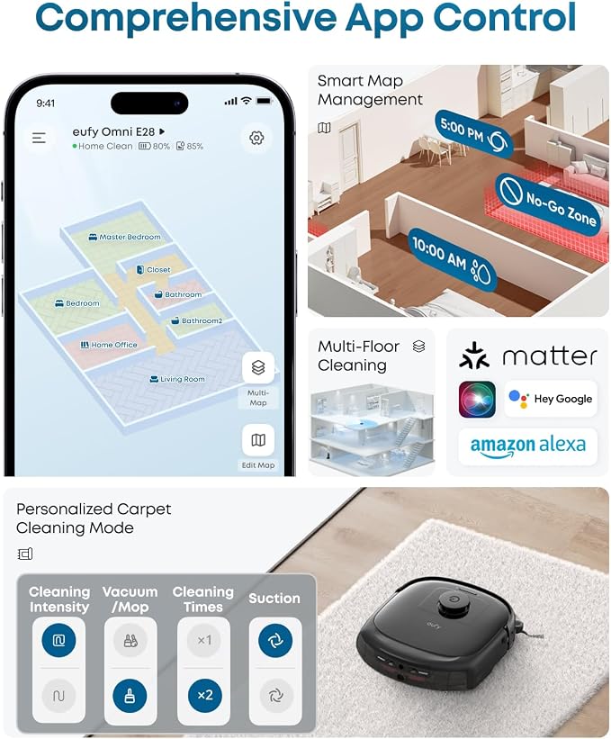 eufy E28 Matic Robot Vacuum and Mop, 20,000 Pa, Portable Carpet Cleaning | Roller Mop with HydroJet System, All-in-One Robot Vacuum and Mop Combo, Zero-Tangling, Corner-to-Edge Cleaning