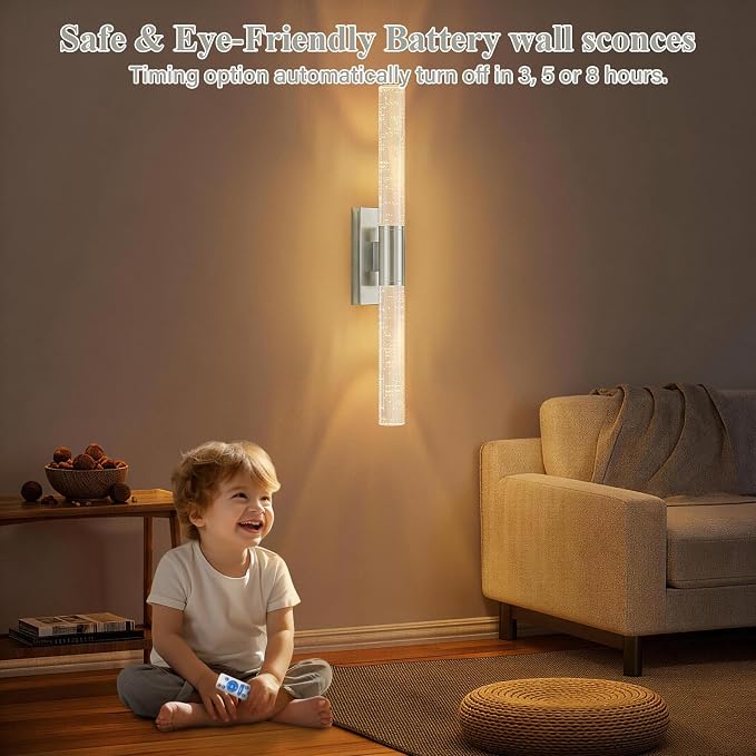 camuucci Battery Operated Wall Sconces Set of 2, Rechargeable Wall Lights | 12000mAh Long-Lasting Battery,Dimmable Cordless Sconce,No Wiring Needed for Bedroom,Living Room,Silver 20.9-Inch