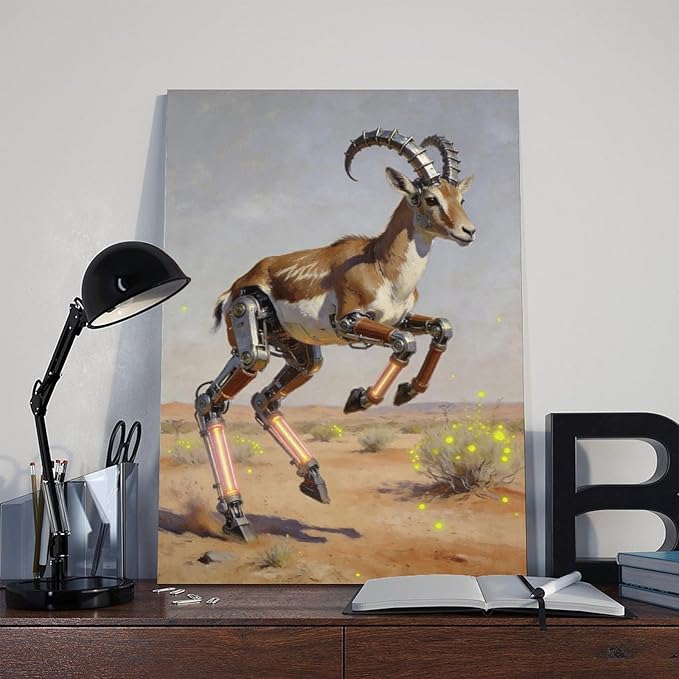 Framed Steampunk Mechanical Antelope Wall Art - Desert Futuristic Poster for Loft Living Room Decor 08x12inch(20x30cm)