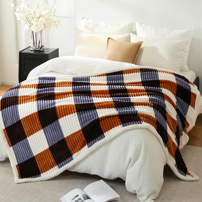 PU MEI Sherpa Blanket Twin Plaid Thick Bed Blanket, 60”*80” Super Soft Flannel Fuzzy Fleece Reversible Velvet Plush Warm Blanket for Couch (Brown Orange Check)