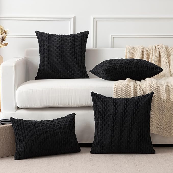 Kevin Textile Soft Corduroy 14"x22" Lumbar Pillow Cover 1 Pack, Black | Boho Stripe Plush Corduroy Decorative Oblong Cushion Cover Modern Farmhouse Home Decor for Sofa Couch Bed Chair