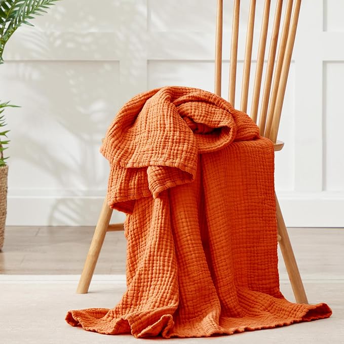 100% Cotton Muslin Blanket Twin 60" x 80", Breathable and Lightweight Cotton Twin Blankets for Couch, Soft Cooling Summer Gauze Blanket for Adults All Season, Burnt Orange