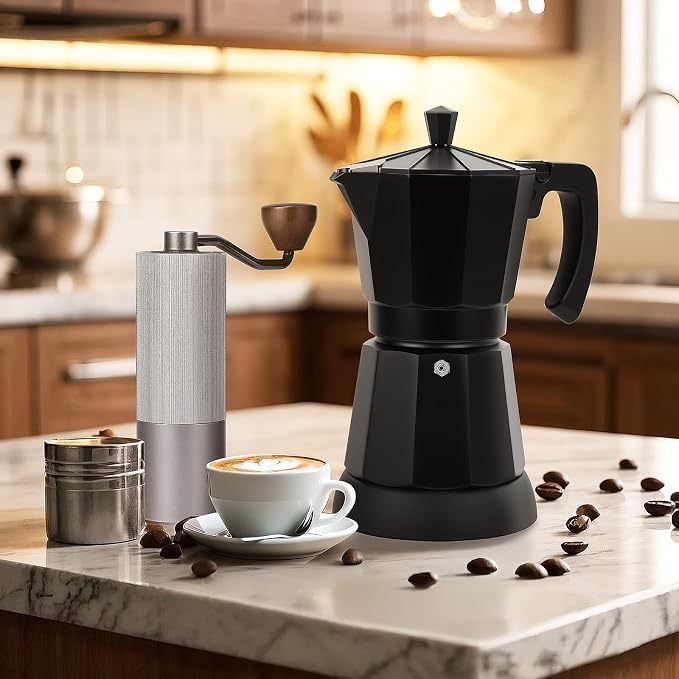 Electric Moka Pot, 3 or 6 Cup Espresso Coffee Maker, Black | Food-grade aluminum, dose reduction plate, boil-dry protection, auto-stop, detachable base, for Cuban and Italian coffee