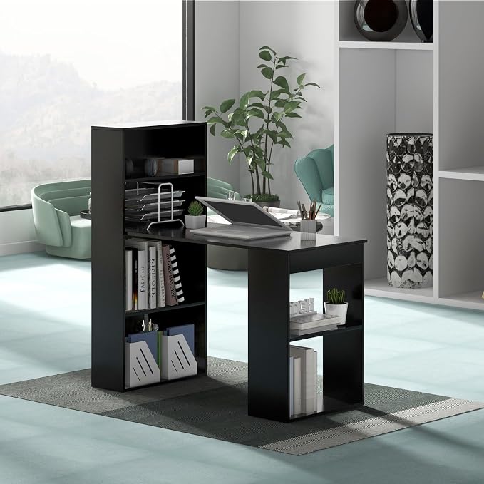 GRAFFY Computer Desk with 6 Storage Shelves - 48" Reversible Writing Desk Workstation with Bookshelf and CPU Stand, Modern Compact Office Desk for Bedroom, Study, Home, Office (Black)