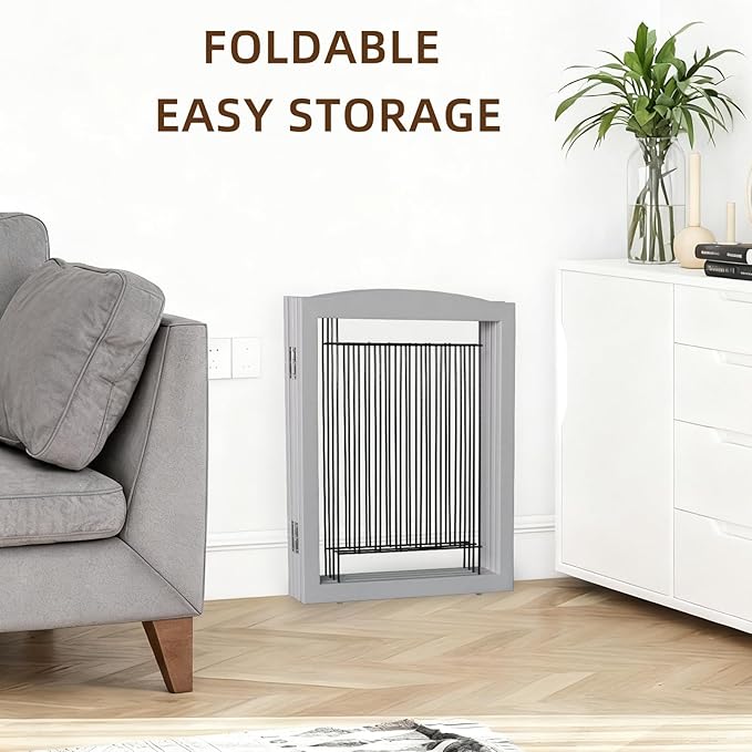 ZJSF Freestanding Foldable Dog Gate for House Extra Wide Wooden Grey Puppy Gate Stairs Dog Gates Doorways Tall Pet Gate 24" Height 3 Panels Pet Fence