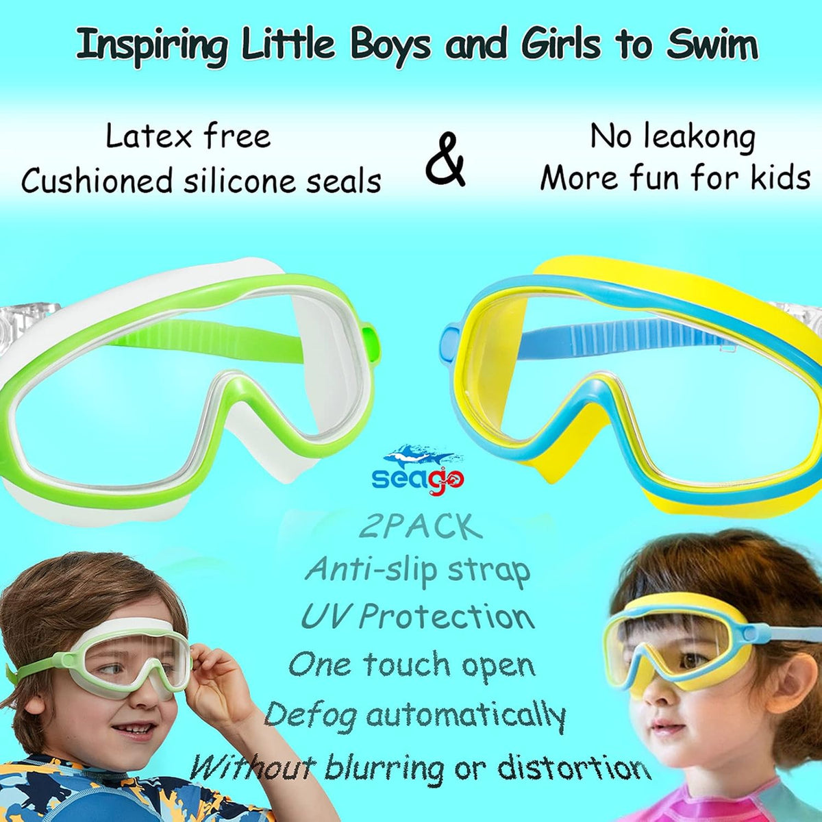 Seago Swim Goggles - Anti-Fog & Anti-UV Wide View Design for Kids Ages 3-14 | 2 Pack