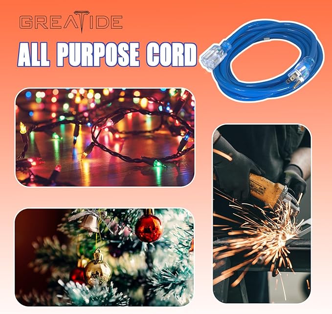 Outdoor Extension Cord with Lighted End, 12 Gauge Heavy Duty 25 FT, 3 Prong Grounded 15 Amp Extension Cord, 12/3 SJTW Waterproof Power Cord for Appliance, UL Listed, Blue