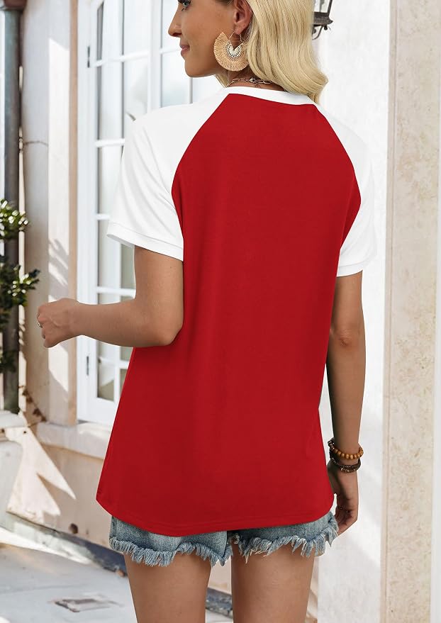 WIHOLL Womens Summer Tops Color Block Short Sleeve Raglan Shirts Spring Fashion Clothes Vacation Outfits