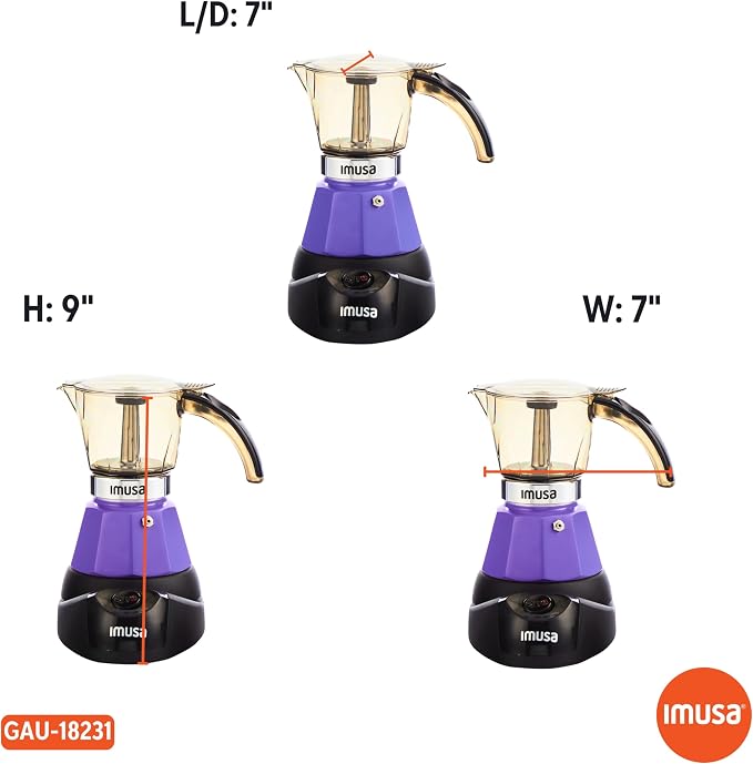 IMUSA 3 or 2 Cup Electric Espresso Maker with Cool-touch Handle, Purple | Bare Aluminum Finish, Detachable Base, Ideal for Espresso, Perfect for Everyday Use