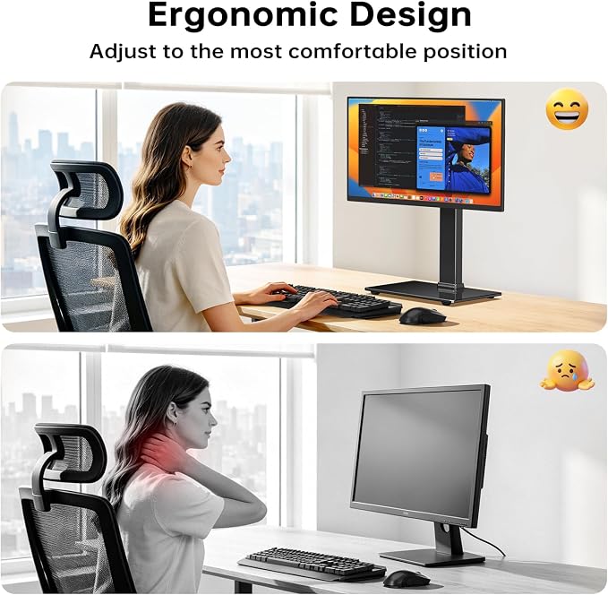 Afaloona Freestanding Single Monitor Stand for 13-32 Inch Monitor, No Clamp | Max Load 77lbs | Tempered Glass Base | ±25° Swivel | -5° to +10° Tilt | 360° Rotation | 4 Height Options | VESA 75×75/100×100
