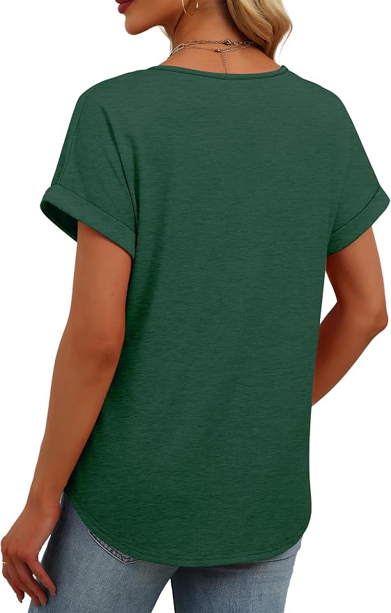 Womens Tops Dressy Casual V Neck Rolled Sleeve T Shirts Fashion Clothing Business Casual Outfits Beach Vacation Clothes