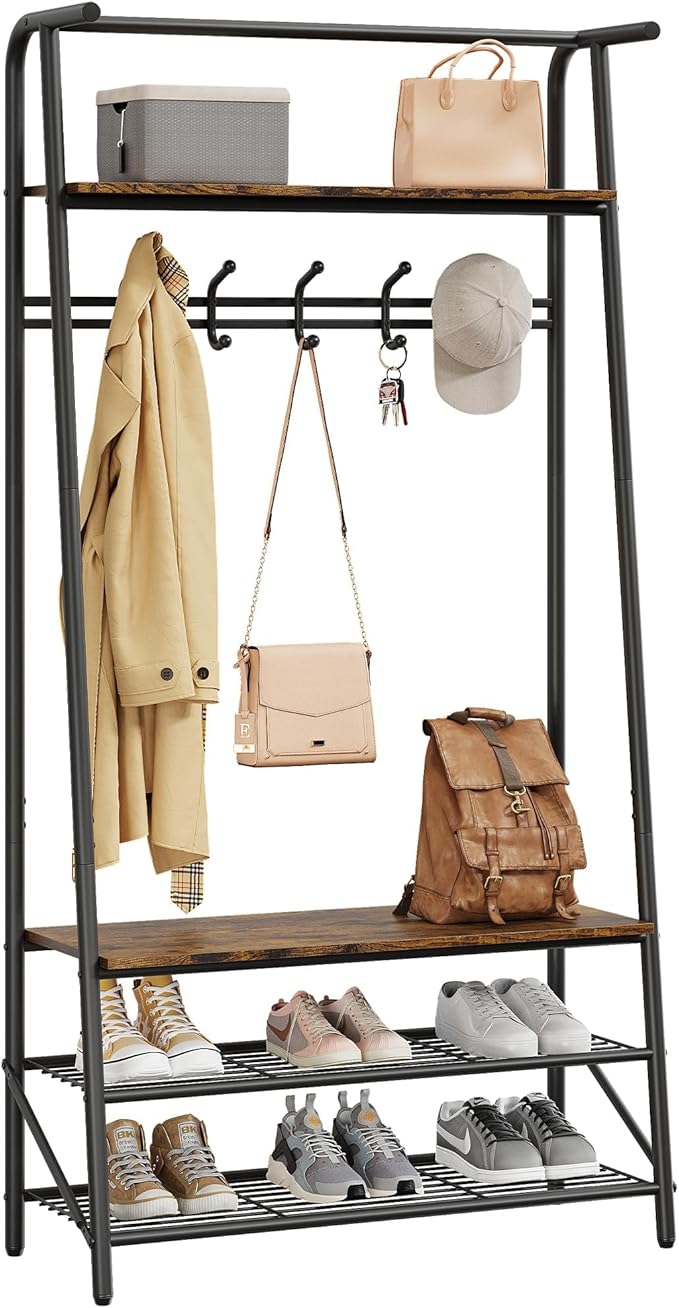 Jojoka 31" Coat Rack, Hall Tree with Shoe Bench and Storage, 4-Tier Shelf with 5 Hooks, Freestanding Metal Entryway Organizer for Hallway, Accent Furniture for Bathroom