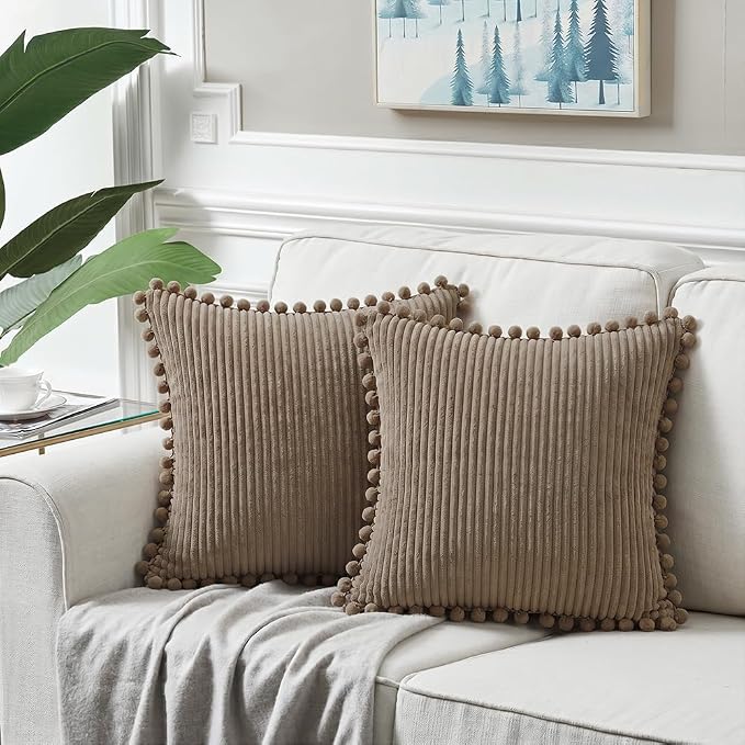 Fancy Homi Set of 2 Light Brown Euro Decorative Throw Pillow Covers 26x26 Inch with Pom-poms, Boho Soft Corduroy Solid Square Cushion Case for Couch Sofa Bedroom Car Living Room 66x66 cm