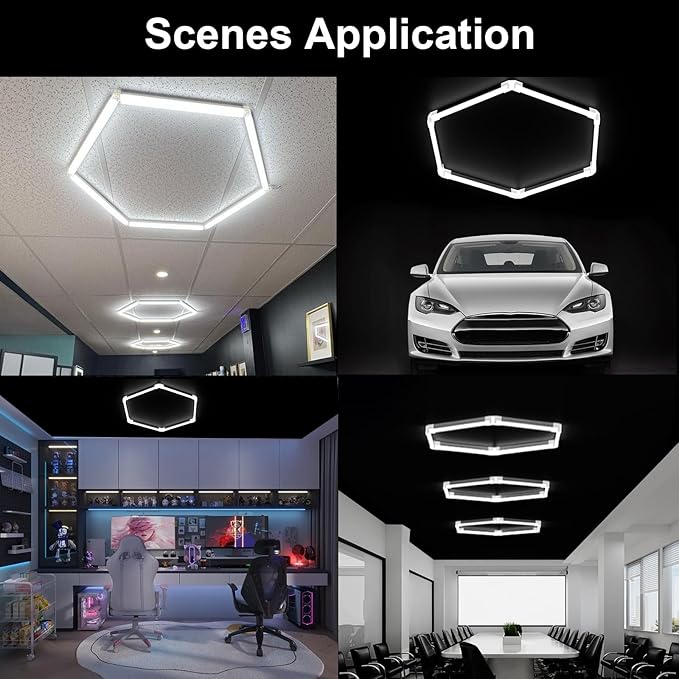 Garage Hexagon Lights, 24W 24V 6500K Higher Brightness Hex Garage Lights, Plug and Play, Lightweight DIY Assembly Hexagonal Light for Car Detailing Auto Beauty Shop Decor(with Remote Control)